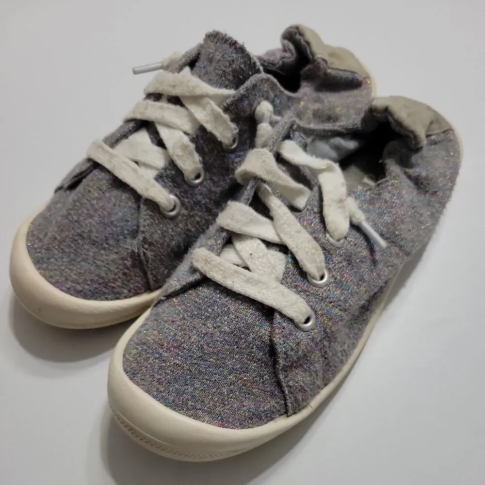 Pow Pow Shoes Girls 3 Sparkle Sneakers Grey Glitter Lace UP Low Top Comfort Back